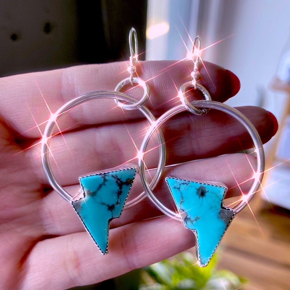 Turquoise Thunderbolt and Sterling Silver Hoops
